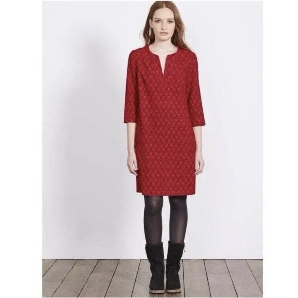 BODEN  Women's Knee Short Dress Shift US 6R Leaf Print Red 3/4 Sleeve WH990